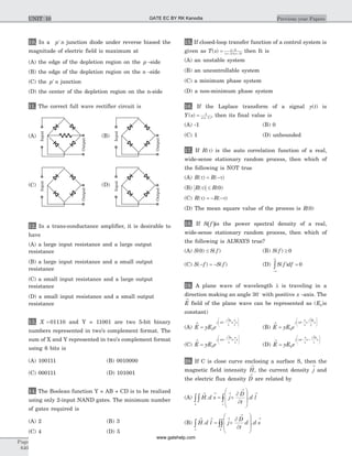 10. In a p n+
junction diode under reverse biased the
magnitude of electric field is maximum at
(A) the edge of the depletion region on the p -side
(B) the edge of the depletion region on the n -side
(C) the p n+
junction
(D) the center of the depletion region on the n-side
11. The correct full wave rectifier circuit is
12. In a trans-conductance amplifier, it is desirable to
have
(A) a large input resistance and a large output
resistance
(B) a large input resistance and a small output
resistance
(C) a small input resistance and a large output
resistance
(D) a small input resistance and a small output
resistance
13. X = 01110 and Y = 11001 are two 5-bit binary
numbers represented in two's complement format. The
sum of X and Y represented in two's complement format
using 6 bits is
(A) 100111 (B) 0010000
(C) 000111 (D) 101001
14. The Boolean function Y = AB + CD is to be realized
using only 2-input NAND gates. The minimum number
of gates required is
(A) 2 (B) 3
(C) 4 (D) 5
15. If closed-loop transfer function of a control system is
given as T s s
s s
( ) ( )( )
= -
+ +
5
2 3
then It is
(A) an unstable system
(B) an uncontrollable system
(C) a minimum phase system
(D) a non-minimum phase system
16. If the Laplace transform of a signal y t( ) is
Y s s s
( ) ( )
= -
1
1
, then its final value is
(A) -1 (B) 0
(C) 1 (D) unbounded
17. If R( )t is the auto correlation function of a real,
wide-sense stationary random process, then which of
the following is NOT true
(A) R R( ) ( )t t= -
(B) R R( ) ( )t £ 0
(C) R R( ) ( )t t= - -
(D) The mean square value of the process is R( )0
18. If ( )S f is the power spectral density of a real,
wide-sense stationary random process, then which of
the following is ALWAYS true?
(A) S S f( ) ( )0 £ (B) S f( ) ³ 0
(C) S f S f( ) ( )- = - (D) S f df( )
-¥
¥
ò = 0
19. A plane wave of wavelength l is traveling in a
direction making an angle 30o
with positive x -axis. The
E
®
field of the plane wave can be represented as (E0is
constant)
(A) E yE e
j t x z® -
æ
è
ç
ç
ö
ø
÷
÷
= 0
3
w
p
l
p
l
(B) E yE e
j t x z® -
æ
è
ç
ç
ö
ø
÷
÷
= 0
3
w
p
l
p
l
(C) E yE e
j t x z® +
æ
è
ç
ç
ö
ø
÷
÷
= 0
3
w
p
l
p
l
(D) E yE e
j t x z® - +
æ
è
ç
ç
ö
ø
÷
÷
= 0
3
w
p
l
p
l
20. If C is close curve enclosing a surface S, then the
magnetic field intensity H
®
, the current density j
®
and
the electric flux density D
®
are related by
(A) H d s j
D
t
d l
s c
® ® ®
®
®
òò ò= +
æ
è
ç
ç
ö
ø
÷
÷
. .
¶
¶
(B) H d l j
D
t
d d s
s s
® ® ®
®
®
ò òò= +
æ
è
ç
ç
ö
ø
÷
÷
. .
¶
¶
Page
640
Previous year PapersUNIT 10
Input
Output
Input
Output
Input
Output
Input
Output
(A) (B)
(D)C
GATE EC BY RK Kanodia
www.gatehelp.com
 