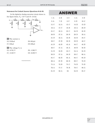Statement for Linked Answer Questions 84 & 85.
In the digital-to Analog converter circuit shown in
the figure below, VR = 10 V and R = 10 kW.
84. The current is
(A) 3125. mA (B) 62 5. mA
(C) 125mA (D) 250mA
85. The voltage V0 is
(A) -0.781 V (B) -1.562 V
(C) -3.125 V (D) -6.250 V
************
ANSWER
1. A 2. B 3. C 4. A 5. D
6. A 7. D 8. C 9. D 10 .C
11. C 12. A 13. C 14. B 15. D
16. A 17. C 18. B 19. A 20. D
21. C 22. A 23. C 24. D 25. B
26. B 27. A 28. D 29. D 30. A
31. D 32. A 33. B 34. B 35. C
36. C 37. B 38. D 39. D 40. C
41. D 42. B 43. A 44. C 45. B
46. C 47. A 48. A 49. B 50. B
51. D 52. B 53. C 54. A 55. D
56. D 57. A 58. D 59. C 60. A
61. C 62. B 63. A 64. C 65. D
66. A 67. B 68. D 69. C 70. D
71. A 72. B 73. C 74. B 75. B
76. A 77. C 78. B 79. C 80. A
81. D 82. A 83. 84. B 85. C
Chap 10.5
Page
649
EC-07
R R R
R
2R
+
-
R
2R 2R2R
i
vo
GATE EC BY RK Kanodia
www.gatehelp.com
 
