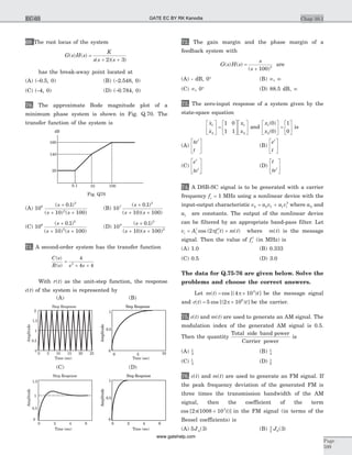 69 The root locus of the system
G s H s
K
s s s
( ) ( )
( )( )
=
+ +2 3
has the break-away point located at
(A) (-0.5, 0) (B) (-2.548, 0)
(C) (-4, 0) (D) (-0.784, 0)
70. The approximate Bode magnitude plot of a
minimum phase system is shown in Fig. Q.70. The
transfer function of the system is
(A) 10
0 1
10 100
8
3
2
( . )
( ) ( )
s
s s
+
+ +
(B) 10
0 1
10 100
7
3
( . )
( )( )
s
s s
+
+ +
(C) 10
0 1
10 100
8
2
2
( . )
( ) ( )
s
s s
+
+ +
(D) 10
0 1
10 100
9
3
2
( . )
( )( )
s
s s
+
+ +
71. A second-order system has the transfer function
C s
R s s s
( )
( )
=
+ +
4
4 42
With r t( ) as the unit-step function, the response
c t( ) of the system is represented by
(A) (B)
(C) (D)
72. The gain margin and the phase margin of a
feedback system with
G s H s
s
s
( ) ( )
( )
=
+ 100 3
are
(A) - dB, 0° (B) ¥, ¥
(C) ¥, 0° (D) 88.5 dB, ¥
73. The zero-input response of a system given by the
state-space equation
&
&
x
x
x
x
1
2
1
2
1 0
1 1
é
ë
ê
ù
û
ú =
é
ë
ê
ù
û
ú
é
ë
ê
ù
û
ú and
x
x
1
2
0
0
1
0
( )
( )
é
ë
ê
ù
û
ú =
é
ë
ê
ù
û
ú is
(A)
te
t
t
é
ë
ê
ù
û
ú (B)
e
t
t
é
ë
ê
ù
û
ú
(C)
e
te
t
t
é
ë
ê
ù
û
ú (D)
t
tet
é
ë
ê
ù
û
ú
74. A DSB-SC signal is to be generated with a carrier
frequency fc = 1 MHz using a nonlinear device with the
input-output characteristic v a v a vi0 0 1 1
3
= + where a0 and
a1 are constants. The output of the nonlinear device
can be filtered by an appropriate band-pass filter. Let
v A f t m ti c
l
c
l
= +cos ( ) ( )2p where m t( ) is the message
signal. Then the value of fc
l
(in MHz) is
(A) 1.0 (B) 0.333
(C) 0.5 (D) 3.0
The data for Q.75-76 are given below. Solve the
problems and choose the correct answers.
Let m t t( ) cos [( ) ]= ´4 103
p be the message signal
and c t t( ) cos [( ) ]= ´5 2 106
p be the carrier.
75. c t( ) and m t( ) are used to generate an AM signal. The
modulation index of the generated AM signal is 0.5.
Then the quantity
Total side band power
Carrier power
is
(A) 1
2
(B) 1
4
(C) 1
3
(D) 1
8
76. c t( ) and m t( ) are used to generate an FM signal. If
the peak frequency deviation of the generated FM is
three times the transmission bandwidth of the AM
signal, then the coefficient of the term
cos [ ( )]2 1008 103
p ´ t in the FM signal (in terms of the
Bessel coefficients) is
(A) 5 34J ( ) (B) 5
2 8 3J ( )
Chap 10.1
Page
599
EC-03
0.1 10
20
140
160
100
dB
Fig. Q70
0
0
0.5
1
Step Response
Amplitude
2 4 60
0
0.5
1
Step Response
Amplitude
2 4 60
0
0.5
1
1.5
Step Response
Time (sec)Time (sec)
Amplitude
2 4 6
0 5 10
Step Response
0
0.5
1
Amplitude
0 5 10
Step Response
0
0.5
1
Amplitude
0 5 25201510
1.5
Step Response
0
0.5
1
2
Amplitude
Time (sec)Time (sec)
GATE EC BY RK Kanodia
www.gatehelp.com
 