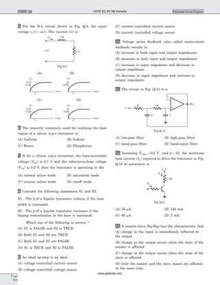 5. For the R-L circuit shown in Fig. Q.5, the input
voltage v t u ti( ) ( )= . The current i t( ) is
(A) (B)
(C) (D)
6. The impurity commonly used for realizing the base
region of a silicon n-p-n transistor is
(A) Gallium (B) Indium
(C) Boron (D) Phosphorus
7. If for a silicon n-p-n transistor, the base-to-emitter
voltage ( )VBE is 0.7 V and the collector-to-base voltage
( )VCB is 0.2 V, then the transistor is operating in the
(A) normal active mode (B) saturation mode
(C) inverse active mode (D) cutoff mode
8. Consider the following statements S1 and S2.
S1 : The b of a bipolar transistor reduces if the base
width is increased.
S2 : The b of a bipolar transistor increases if the
doping concentration in the base is increased.
Which one of the following is correct ?
(A) S1 is FALSE and S2 is TRUE
(B) Both S1 and S2 are TRUE
(C) Both S1 and S2 are FALSE
(D) S1 is TRUE and S2 is FALSE
9. An ideal op-amp is an ideal
(A) voltage controlled current source
(B) voltage controlled voltage source
(C) current controlled current source
(D) current controlled voltage source
10. Voltage series feedback (also called series-shunt
feedback) results in
(A) increase in both input and output impedances
(B) decrease in both input and output impedances
(C) increase in input impedance and decrease in
output impedance
(D) decrease in input impedance and increase in
output impedance
11. The circuit in Fig. Q.11 is a
(A) low-pass filter (B) high-pass filter
(C) band-pass filter (D) band-reject filter
12. Assuming VCEsat = 0 2. V and b = 50, the minimum
base current ( )IB required to drive the transistor in Fig.
Q.12 to saturation is
(A) 56 mA (B) 140 mA
(C) 60 mA (D) 3 mA
13. A master-slave flip-flop has the characteristic that
(A) change in the input is immediately reflected in
the output
(B) change in the output occurs when the state of the
master is affected
(C) change in the output occurs when the state of the
slave is affected
(D) both the master and the slave states are affected
at the same time
Page
604
Previous Year PapersUNIT 10
vi
R R
C C
vo
Fig Q.11
1 H
2 W
i t( )
v ti( )
Fig Q.5
i t( )
t(sec)
2
0.5
0.31
i t( )
t(sec)
½
1
0.63
i t( )
t(sec)
0.5
0.31
½
i t( )
t(sec)
2
1
0.63
1 kW
3 V
IC
IB
Fig Q12.
GATE EC BY RK Kanodia
www.gatehelp.com
 