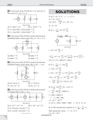 28. In the circuit of fig. P1.6.28 i( )0 1= A and v( )0 0= .
The current i t( ) for t > 0 is
(A) 4 6 38 0 5
+ -
. .
e At
(B) 4 6 38 0 5
- -
. .
e t
A
(C) 4 3 1 32 113 1 32 0 5
+ + -
( cos . . sin . ) .
t t e t
A
(D) 4 3 1 32 113 1 32 0 5
- + -
( cos . . sin . ) .
t t e t
A
29. In the circuit of fig. P1.6.29 a steady state has been
established before switch closed. The v to( ) for t > 0 is
(A) 100 10
te t-
V (B) 200 10
te t-
V
(C) 400 50
te t-
V (D) 800 50
te t-
V
30. In the circuit of fig. P1.6.30 a steady state has been
established before switch closed. The i t( ) for t > 0 is
(A) 2 22
e tt-
sin A (B) - -
e tt2
2sin A
(C) - - -
2 1 2
( )t e t
A (D) 2 1 2
( )- -
t e t
A
31. In the circuit of fig. P1.6.31 a steady state has been
established. The i t( ) for t > 0 is
(A) 9 2 810 2 5
+ -- -
e et t.
A (B) 9 8 210 2 5
- + -
e et t.
A
(C) 9 2 10 10 2 5
+ + -
( cos sin ) .
t t e t
A
(D) 9 10 2 10 2 5
+ + -
(cos sin ) .
t t e t
A
***************
SOLUTIONS
1. (A) s s2
2 1 0+ + = Þ s = - -1 1, ,
v t A A t e t
( ) ( )= + -
1 2
v( )0 10= V,
dv
dt
A A
( )0
0 1 1 2= = - +
A A1 2 10= =
2. (A) i
v dv
dt
L = + ´ -
100
10 10 6
v i
di
dt
vs L
L
= + +-
2 10 3
= + ´
æ
è
ç
ö
ø
÷ + + ´- - - -
2
100
10 10 10
1
100
10 106 3 6
2
v dv
dt
dv
dt
d vt
dt
v2
æ
è
ç
ç
ö
ø
÷
÷ +
10 3000 1028
v t v t v t v ts( ) ( ) ( ) . ( )= ¢¢ + ¢ +
3. (C) i
v
i
dv
dt
s
C
L
C
= + +
100
10m
v i
di
dt
C L
L
= + -
10 10 3
i i
di
dt
i
d
dt
i
di
dt
s L
L
L L
L
= + + + +- - -
0 1 10 10 10 105 5 3
. ( )
= + + + +- - -
0 1 10 10 105 4 8
2
2
. i
di
dt
i
di
dt
d i
dt
L
L
L
L L
Þ
¢¢
+ ¢ + =
i t
i t i t i tL
L L s
( ) .
( ) . ( ) ( )
10
11
10
118 4
4. (A)
v dv
dt
v v dts
80
25 0+ + - =òm ( )
Þ
d v
dt
dv
dt
2
2
500 40000 0+ + =
s s2
500 40000 0+ + =
Þ s = - -100 400, ,
v t Ae Bet t
( ) = +- -100 400
A B+ = 6, - - = -100 400 3000A B Þ B = 8, A = -2
5. (C) The characteristic equation is s
s
RC LC
2 1
0+ + =
After putting the values, s s2
4 3 0+ + =
v t Ae Bet t
( ) = +- -3
,
Page
58
UNIT 1 Networks
10 W
10 mF5 W3 A vo
–
+
1 H
t=0
Fig. P1.6.29
i
1 H
2 W
6 V
1 W F
1
4
t=0
Fig. P1.6.30
40 W 4 H10 W 6 ( ) Au t3 A
i
10 mF
Fig. P1.6.31
0.5 F2 W1 H
i
4 ( ) Au t
Fig. P1.6.28
iL 2 W
vs 10 Fm100 W
1 mH v
Fig. S1.6.2
GATE EC BY RK Kanodia
www.gatehelp.com
 