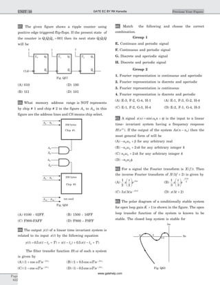 57. The given figure shows a ripple counter using
positive edge triggered flip-flops. If the present state of
the counter is Q Q Q2 1 0 001= then its next state Q Q Q2 1
will be
(A) 010 (D) 100
(B) 111 (D) 101
58. What memory address range is NOT represents
by chip # 1 and chip # 2 in the figure A0 to A15 in this
figure are the address lines and CS means chip select.
(A) 0100 - 02FF. (B) 1500 - 16FF
(C) F900-FAFF (D) F800 - F9FF
59. The output y t( ) of a linear time invariant system is
related to its input x t( ) by the following equation
y t x t t T x t t x t t Td d d( ) . ( ) ( ) . ( )= - + + - + - +0 5 0 5
The filter transfer function H( )w of such a system
is given by
(A) ( cos )1 + -
w w
T e j td
(B) ( . cos )1 0 5+ -
w w
T e j td
(C) ( cos )1 - -
w w
T e j td
(D) ( . cos )1 0 5- -
w w
T e j td
60. Match the following and choose the correct
combination.
Group 1
E. Continuos and periodic signal
F. Continuous and periodic signal
G. Discrete and aperiodic signal
H. Discrete and periodic signal
Group 2
1. Fourier representation is continuous and aperiodic
2. Fourier representation is discrete and aperiodic
3. Fourier representation is continuous
4. Fourier representation is discrete and periodic
(A) E-3, F-2, G-4, H-1 (A) E-1, F-3, G-2, H-4
(C) E-1, F-2, G-3, H-4 (D) E-2, F-1, G-4, H-3
61. A signal x n n( ) sin( )= +w f0 is the input to a linear
time- invariant system having a frequency response
H ej
( )w
. If the output of the system Ax n n( )- 0 then the
most general form of will be
(A) - +n w0 0 b for any arbitrary real
(B) - +n w k0 0 2p for any arbitrary integer k
(C) n w k0 0 2+ p for any arbitrary integer k
(D) -n w0 0f
62. For a signal the Fourier transform is X f( )). Then
the inverse Fourier transform of X f( )3 2+ is given by
(A)
1
2 2
3
x
t
ej tæ
è
ç
ö
ø
÷
p
(B)
1
3 3
4
3
x
t
e
j t
æ
è
ç
ö
ø
÷
-
p
(C) 3 3 4
x t e j t
( ) - p
(D) x t( )3 2+
63. The polar diagram of a conditionally stable system
for open loop gain K = 1 is shown in the figure. The open
loop transfer function of the system is known to be
stable. The closed loop system is stable for
Page
622
Previous Year PapersUNIT 10
A0 7- A
256 bytes
256 bytes
Chip #1
Chip #2
A8
A9
A9
A8
A0 7- A
A10 16- A not used
Fig. Q58
T0 Q0
Q0CLK
1 1 1
T1 Q1
Q1
T2 Q2
Q2
Fig. Q57
Im
Re
-0.2
-2-8
Fig. Q63
GATE EC BY RK Kanodia
www.gatehelp.com
 