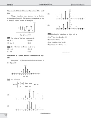 Statement of Linked Answer Questions 84a and
84b
Voltage standing wave pattern in a lossless
transmission line with characteristic impedance 50 and
a resistive load is shown in the figure.
84a. The value of the load resistance is
(A) 50 W (B) 200 W
(C) 12 5. W (D) 0
84b. The reflection coefficient is given by
(A) -0 6. (B) -1
(C) 0.6 (D) 0
Statement of Linked Answer Question 85a and
85b:
A sequence x (n) has non-zero values as shown in
the figure.(A)
85a. The sequence
y n
x
n
n
n
[ ] =
-
æ
è
ç
ö
ø
÷
ì
í
ï
î
ï
2
1
0
for even
for odd
will be
85b. The Fourier transform of y n[ ]2 will be
(A) e j-
+ +2
4 2 2 2w
w w[cos cos ]
(B) [cos cos ]2 2 2w w+ +
(C) e j-
+ +w
w w[cos cos ]2 2 2
(D) e j-
+ +2
2 2 2w
w w[cos cos ]
************
Page
626
Previous Year PapersUNIT 10
1
½
y n[ ]
n
2 31 4 5 60-1-2-3-4-5-6
2
(B)
1
½
x n[ ]
n
2 31 4 5 60-1-2-3-4-5-6
2
Fig. Q85
1
½
y n[ ]
n
2 31 4 5 60-1-2-3-4-5-6
2
(A)
4
1
l/2l
V z( )
Fig. Q84a and Q84b
1
½
y n[ ]
n
2 31 4 5 60-1-2-3-4-5-6
2
-2
(C)
1
½
y n[ ]
n
2 31 4 5 60-1-2-3-4-5-6
2
(D)
GATE EC BY RK Kanodia
www.gatehelp.com
 