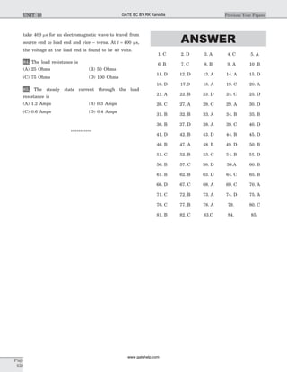 take 400 ms for an electromagnetic wave to travel from
source end to load end and vice – versa. At t = 400 ms,
the voltage at the load end is found to be 40 volts.
84. The load resistance is
(A) 25 Ohms (B) 50 Ohms
(C) 75 Ohms (D) 100 Ohms
85. The steady state current through the load
resistance is
(A) 1.2 Amps (B) 0.3 Amps
(C) 0.6 Amps (D) 0.4 Amps
***********
ANSWER
1. C 2. D 3. A 4. C 5. A
6. B 7. C 8. B 9. A 10 .B
11. D 12. D 13. A 14. A 15. D
16. D 17.D 18. A 19. C 20. A
21. A 22. B 23. D 24. C 25. D
26. C 27. A 28. C 29. A 30. D
31. B 32. B 33. A 34. B 35. B
36. B 37. D 38. A 39. C 40. D
41. D 42. B 43. D 44. B 45. D
46. B 47. A 48. B 49. D 50. B
51. C 52. B 53. C 54. B 55. D
56. B 57. C 58. D 59.A 60. B
61. B 62. B 63. D 64. C 65. B
66. D 67. C 68. A 69. C 70. A
71. C 72. B 73. A 74. D 75. A
76. C 77. B 78. A 79. 80. C
81. B 82. C 83.C 84. 85.
Page
638
Previous Year PapersUNIT 10 GATE EC BY RK Kanodia
www.gatehelp.com
 