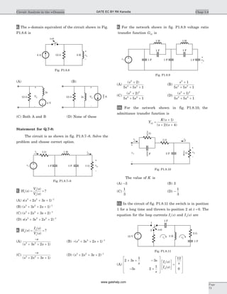 6. The s–domain equivalent of the circuit shown in Fig.
P1.8.6 is
(C) Both A and B (D) None of these
Statement for Q.7-8:
The circuit is as shown in fig. P1.8.7–8. Solve the
problem and choose correct option.
7. H s
V s
V s
o
s
1( )
( )
( )
?= =
(A) s s s s( )3 2 1
2 3 1+ + + -
(B) ( )s s s3 2 1
3 2 1+ + + -
(C) ( )s s s3 2 1
2 3 2+ + + -
(D) s s s s( )3 2 2 1
3 2 2+ + + -
8. H s
I s
V s
o
s
2( )
( )
( )
?= =
(A)
-
+ + +
s
s s s( )3 2
3 2 1
(B) - + + + -
( )s s s3 2 1
3 2 1
(C)
-
+ + +
s
s s s( )3 2
2 3 1
(D) ( )s s s3 2 1
2 3 2+ + + -
9. For the network shown in fig. P1.8.9 voltage ratio
transfer function G12 is
(A)
( )s
s s
2
4 2
2
5 5 1
+
+ +
(B)
s
s s
2
4 2
1
5 5 1
+
+ +
(C)
( )s
s s
2 2
4 2
2
5 5 1
+
+ +
(D)
( )s
s s
2 2
4 2
1
5 5 1
+
+ +
10. For the network shown in fig. P1.8.10, the
admittance transfer function is
Y
K s
s s
12
1
2 4
=
+
+ +
( )
( )( )
The value of K is
(A) -3 (B) 3
(C)
1
3
(D) -
1
3
11. In the circuit of fig. P1.8.11 the switch is in position
1 for a long time and thrown to position 2 at t = 0. The
equation for the loop currents I s1( ) and I s2( ) are
(A)
2 3
1
3
3 2
1
12
0
1
2
+ + -
- +
é
ë
ê
ê
ê
ù
û
ú
ú
ú
é
ë
ê
ù
û
ú =
é
ë
s
s
s
s
s
I s
I s
s( )
( )
ê
ê
ê
ù
û
ú
ú
ú
Chap 1.8Circuit Analysis in the s-Domain
Page
73
1 W 1 H io
vs 1 F 1 F 1 W
is
vo
–
+
Fig. P1.8.7–8
v1 1 F
1 H
+
-
v2
1 F
1 F
1 F
1 F
1 H
Fig. P1.8.9
i1 1 W
W
2 F
+
-
v1
+
-
v2
i2
6
1 W
3
2
3
2
F
Fig. P1.8.10
12 V i1
1 F
i2
2 W
1
2
1 F
t=0
3 H
Fig. P1.8.11
12 W VL
+
-
2s
4 V
12 W VL
+
-
As
2
2s
(A) (B)
2 A 12 W 2 H vL
–
+
t=0
Fig. P1.8.6
GATE EC BY RK Kanodia
www.gatehelp.com
 