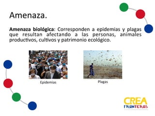 Amenaza biológica: Corresponden a epidemias y plagas que
resultan afectando a las personas, animales productivos,
cultivos y patrimonio ecológico.
Amenaza
Epidemias Plagas
 