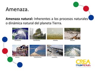 Amenaza natural: Inherentes a los procesos naturales o
dinámica natural del planeta Tierra.
Amenaza
!!!! !!! ! !
!!!!!!!Huracanes! ! !!!!!!!!!!!Vendavales!!!!!! !!!!!!!!!!!! !Heladas! !!!!!!!!!!!!!!!! ! Sequías! !
!
!
!! ! ! !
!!!!!!!!!Sismos! ! !!!!!!!!!!!!!Vulcanismos!! !!!!!!!!!!!!!!Tsunamis! !!!!!!! !!!!!!!!!!!!!!!!!Lahares!
! !
 
