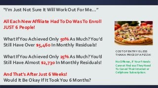 “I’m Just Not Sure It Will Work Out For Me…”
All Each New Affiliate HadTo DoWasTo Enroll
JUST 6 People!
What IfYou Achieved Only 50% As Much?You’d
Still Have Over $5,460 In Monthly Residuals!
What IfYou Achieved Only 25% As Much?You’d
Still Have Almost $2,730 In Monthly Residuals!
AndThat’s After Just 6Weeks!
Would It Be Okay If ItTookYou 6 Months?
COST OF ENTRY IS LESS
THAN A PRICE OF A PIZZA!
No Offense, If Your Friends
Cannot Find $10They Need
To CancelTheir Internet or
Cellphone Subscription.
 
