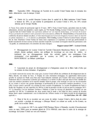 21
2006: Septembre 2006 : Démarrage de l’activité de la société Cristal Tunisie dans le domaine des
huiles alimentaires sous la marque Cristal.
2007:
 Entrée de La société française Lesieur dans le capital de la filiale tunisienne Cristal Tunisie
à hauteur de 30%, ce qui ramène la participation de Lesieur Cristal à 36%, les 34% restant
détenus par le Groupe Hamila.
A l’issue d’un contrat de partenariat signé le 23 mars 2007 à Tunis, Cristal Tunisie, spécialisée dans les huiles
alimentaires, devient une propriété, à parts égales, de YK Hamila Holding, Lesieur Cristal et Lesieur France. Il
s’agit de faire de Cristal Tunisie «un opérateur influent sur son marché domestique, et l’arrivée de Lesieur
France permettra de renforcer notre potentiel d’investissement», affirme M. Ahmed Rahhou, à l’occasion de la
conférence de presse donnée sur place, «l’objectif principal est d’avoirune longueur d’avance dans un marché
en pleine mutation». (…) « A travers ce partenariat, YKH Holding, Lesieur Cristal et Lesieur France ont pour
but de faire bénéficier Cristal Tunisie de toutes leurs expériences et expertises en tant que professionnels et
leaders incontestés de leur secteur sur leurs marchés respectifs. Les atouts sur lesquels misent les partenaires sont
: la qualité, la communication et la notoriété des deux marques.
Rapport annuel 2007 - Lesieur Cristal.
 Désengagement de Lesieur Cristal de l’activité Charcuterie Banchereau Maroc : la société a
adopté, depuis quelques années, une politique de recentrage sur son cœur de métier, se
traduisant par un désengagement totale des activités jugées non stratégiques. Cette
réorientation s’est matérialisée par la cession, en 2007, de sa participation dans
BANCHEREAU au Dirham symbolique.
2008:
 Lancement du projet de développement et d’intégration amont de la filière huile d’olive par
la création de deux domaines d’agrégation
« Le leader marocain du secteur des corps gras, Lesieur Cristal affiche des ambitions de développement dans la
filière oléicole, son métier de base. A l'origine de cette orientation stratégique, les opportunités intéressantes
qu'offre le segment de l'huile aussi bien pour l'agro-industrie nationale qu'à l'export. Elle trouve également son
fondement dans la concurrence acharnée qui commence à se mettre en place ainsi que dans la forte volatilité des
cours des matières premières sur le marché mondial. Selon le groupe, cette stratégie est axée sur «la sécurisation
de ses achats à travers une gestion dynamique et performante de ses couvertures matières premières». A cet
effet, Lesieur cristal a procédé à la création de deux sociétés d'exploitation. La société d'exploitation de l'olive à
Kalâa des Sraghnas sur une superficie de 580 ha et dont la première récolte est prévue pour la campagne 2013-
14. La deuxième c'est les domaines Jawhara à Meknès et dont les travaux de plantations s'étendent sur une
superficie de 430 ha. L'exploitation des deux projets dont le mode a fait l'objet de deux contrats de location
longue durée signés conjointement avec la direction des Affaires rurales et la Sodea (société de développement
agricole) ». Le Soir Echos : 04 - 05 – 2010
 Dans le but de se recentrer sur son coeur de métier, Lesieur Cristal a fait le choix de céder
son activité « produits de nettoyage » (Marque Maxis’) en cédant ses actifs, en fin d’année, au
profit de la société Distra.
2009: La cession de 100 % du capital CMB Plastique Maroc à Mutandis, (société d’investissement
créée en mars 2008) pour un montant global de 253.6 MMAD, entre dans le cadre de la stratégie de
recentrage de Lesieur Cristal sur son core business.
 