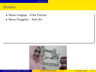 Biodata Diri
Biodata
Nama Lengkap : A.Ika Putriani
Nama Panggilan : Andi Ani
A.Ika Putriani(H11115502) (UNHAS) TUGAS PRAKTIKUM 13 Oktober 2015 4 / 5
 