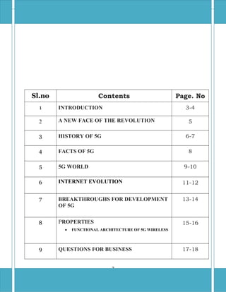 Sl.no Contents Page. No
1 INTRODUCTION 3-4
2 A NEW FACE OF THE REVOLUTION 5
3 HISTORY OF 5G 6-7
4 FACTS OF 5G 8
5 5G WORLD 9-10
6 INTERNET EVOLUTION 11-12
7 BREAKTHROUGHS FOR DEVELOPMENT
OF 5G
13-14
8 PROPERTIES
• FUNCTIONAL ARCHITECTURE OF 5G WIRELESS
15-16
9 QUESTIONS FOR BUSINESS 17-18
2
 