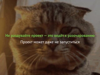 Не раздувайте проект — это ведёт к разочарованию
Проект может даже не запуститься
 