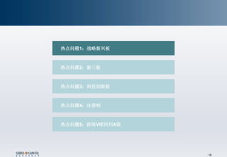18
热点问题1：战略新兴板
热点问题2：新三板
热点问题3：科技创新板
热点问题4：注册制
热点问题5：拆除VIE回归A股
 