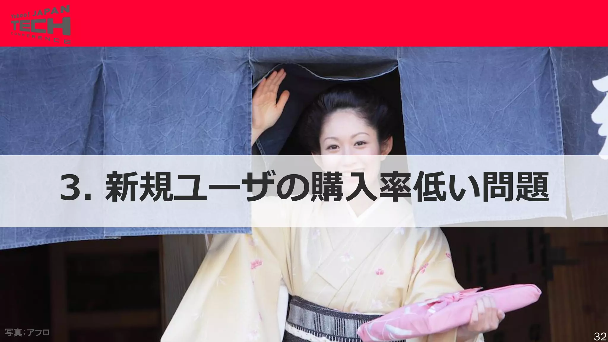 Copyrig ht © 2017 Yahoo Japan Corporation. All Rig hts Reserved.
3. 新規ユーザの購入率低い問題
写真：アフロ
32
 