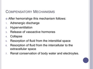 COMPENSATORY MECHANISMS
 After hemorrahge this mechanism follows:
1. Adrenergic discharge
2. Hyperventilation
3. Release of vasoactive hormones
4. Collapse
5. Resorption of fluid from the interstitial space
6. Resorption of fluid from the intercellular to the
extracellular space
7. Renal conservation of body water and electroytes.
 