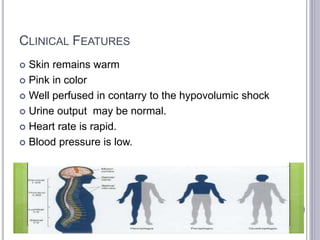 CLINICAL FEATURES
 Skin remains warm
 Pink in color
 Well perfused in contarry to the hypovolumic shock
 Urine output may be normal.
 Heart rate is rapid.
 Blood pressure is low.
 