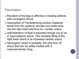 TREATMENT
 Elevation of the legs is effective in treating patients
with neurogenic shock.
 Assumption of Trendelenburg position displaces
blood from the systemic venules and small veins
into the right heart and thus inc. cardiac output.
 Administration of fluid is important though not so as
in hypovolaemic shock. This increase filling of the
right heart which in its increases cardiac output.
 Neurogenic shock is probably the only form of
shock that can be safely treated with a
vasocaonstrictor drug.
 