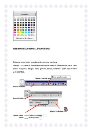 INSERTAR RECURSOS AL DOCUMENTO:
Editar un documento no solamente requiere escritura,
muchos documentos tienen la necesidad de insertar diferentes recursos tales
como: Imágenes, dibujos, fotos, gráficos, tablas, símbolos, y otro tipo de letras
y de escritura.
 