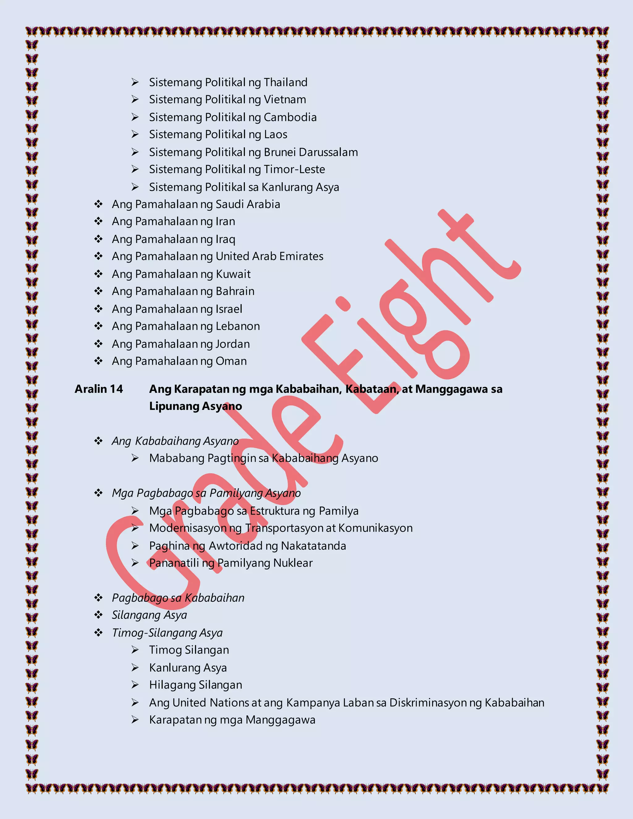  Sistemang Politikal ng Thailand
 Sistemang Politikal ng Vietnam
 Sistemang Politikal ng Cambodia
 Sistemang Politikal ng Laos
 Sistemang Politikal ng Brunei Darussalam
 Sistemang Politikal ng Timor-Leste
 Sistemang Politikal sa Kanlurang Asya
 Ang Pamahalaan ng Saudi Arabia
 Ang Pamahalaan ng Iran
 Ang Pamahalaan ng Iraq
 Ang Pamahalaan ng United Arab Emirates
 Ang Pamahalaan ng Kuwait
 Ang Pamahalaan ng Bahrain
 Ang Pamahalaan ng Israel
 Ang Pamahalaan ng Lebanon
 Ang Pamahalaan ng Jordan
 Ang Pamahalaan ng Oman
Aralin 14 Ang Karapatan ng mga Kababaihan, Kabataan, at Manggagawa sa
Lipunang Asyano
 Ang Kababaihang Asyano
 Mababang Pagtingin sa Kababaihang Asyano
 Mga Pagbabago sa Pamilyang Asyano
 Mga Pagbabago sa Estruktura ng Pamilya
 Modernisasyon ng Transportasyon at Komunikasyon
 Paghina ng Awtoridad ng Nakatatanda
 Pananatili ng Pamilyang Nuklear
 Pagbabago sa Kababaihan
 Silangang Asya
 Timog-Silangang Asya
 Timog Silangan
 Kanlurang Asya
 Hilagang Silangan
 Ang United Nations at ang Kampanya Laban sa Diskriminasyon ng Kababaihan
 Karapatan ng mga Manggagawa
 
