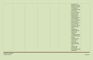 GradeSevenSyllabus
S.Y 2014 - 2015 Pahina21
pampolitika,at
pangkultura.Ilagay
ang mga flashcard
sa isangkahon.
-magtawagng mag-
aaral upang
bumunotngisang
flashcard. Hindi
dapat basahi ng
mag-aaral ang
kanayangnabunot.
-kuninangflash
card sa mag-aaral at
paupuinsiyasa
harap ng kanyang
klase.Idikitang
flashcard s noo ng
nakaupongmag-
aaral at
siguraduhing
nababasang klase
ang salitang
nakasulat.
-manghingi saklase
ng mga halibmawa
ng mga
impluwensiyang
Amerikanosa
aspetong
pamumuhayna
nakasulatsa flash
card.
-bataysa mga
hilmbawang
ibinigayngkanyang
mga kaklase,
 