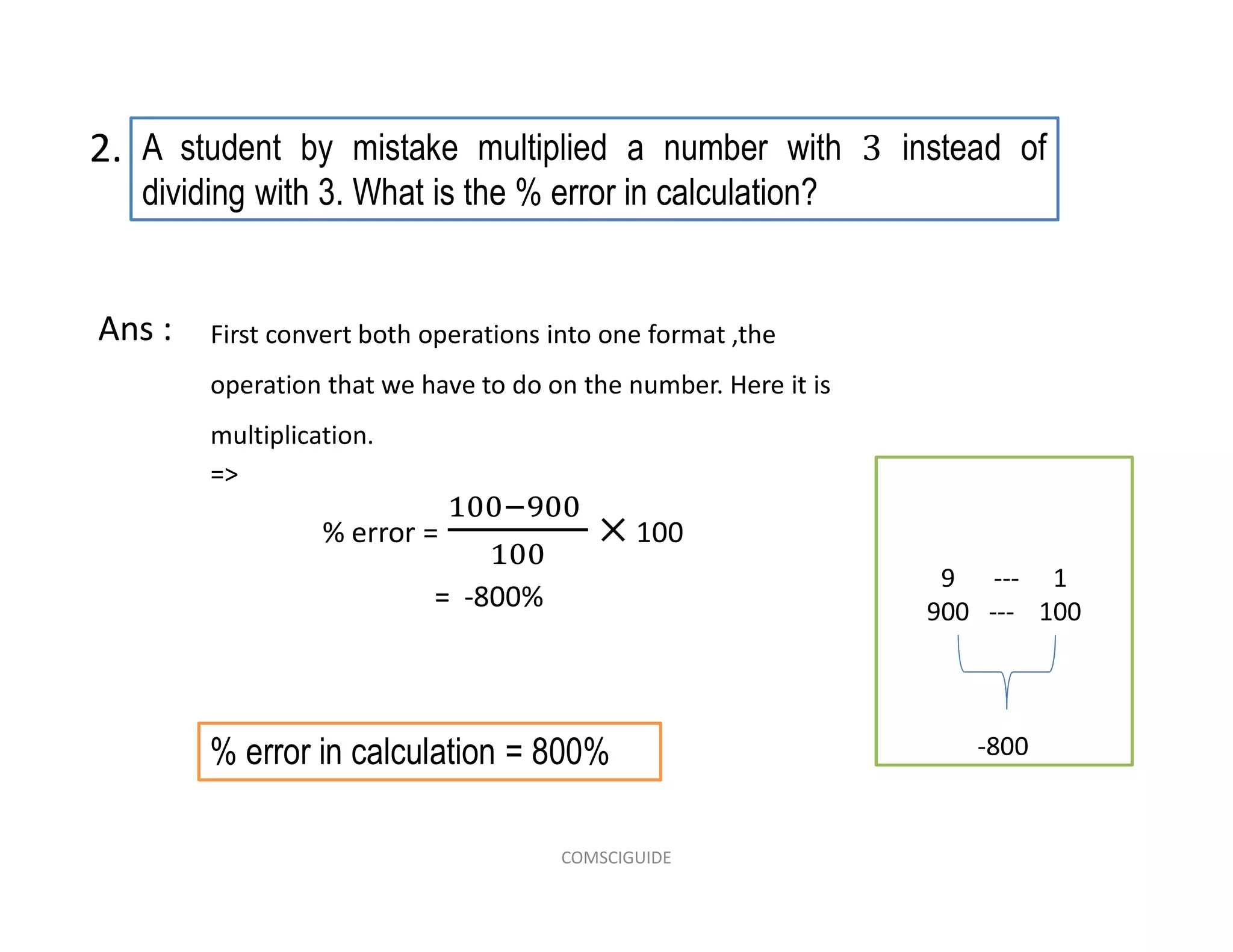 A student by mistake multiplied a number with instead of
dividing with 3. What is the % error in calculation?
2.
First convert both operations into one format ,the
operation that we have to do on the number. Here it is
multiplication.
=>
% error = 100
= -800%
Ans :
9 --- 1
900 --- 100
-800% error in calculation = 800%
COMSCIGUIDE
 