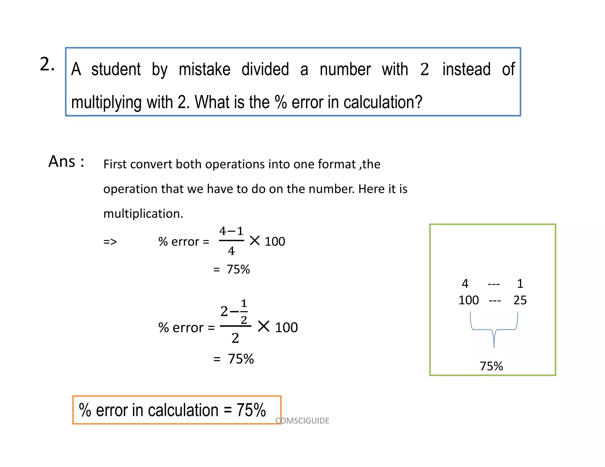 A student by mistake divided a number with instead of
multiplying with 2. What is the % error in calculation?
2.
First convert both operations into one format ,the
operation that we have to do on the number. Here it is
multiplication.
=> % error = 100
= 75%
% error = 100
= 75%
Ans :
4 --- 1
100 --- 25
75%
% error in calculation = 75% COMSCIGUIDE
 