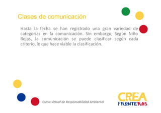 Clases de comunicación
Hasta la fecha se han registrado una gran variedad de
categorías en la comunicación. Sin embargo, Según Niño
Rojas, la comunicación se puede clasificar según cada
criterio, lo que hace viable la clasificación.
 