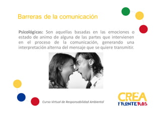Barreras de la comunicación
Psicológicas: Son aquellas basadas en las emociones o
estado de animo de alguna de las partes que intervienen
en el proceso de la comunicación, generando una
interpretación alterna del mensaje que se quiere transmitir.
 