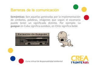 Barreras de la comunicación
Semánticas: Son aquellas generadas por la implementación
de símbolos, palabras, imágenes que según el escenario
puede tener un significado distinto. Por ejemplo: La
guagua en Cuba significa autobús, en Chile significa bebé.
 