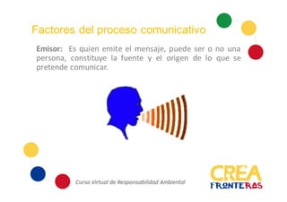 Factores del proceso comunicativo
Emisor: Es quien emite el mensaje, puede ser o no una
persona, constituye la fuente y el origen de lo que se
pretende comunicar.
 