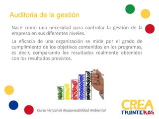 Auditoria de la gestión
Nace como una necesidad para controlar la gestión de la
empresa en sus diferentes niveles.
La eficacia de una organización se mide por el grado de
cumplimiento de los objetivos contenidos en los programas,
es decir, comparando los resultados realmente obtenidos
con los resultados previstos.
 