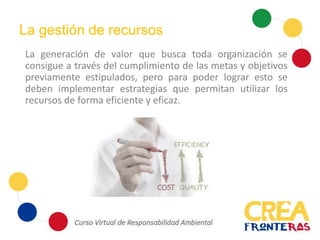La gestión de recursos
La generación de valor que busca toda organización se
consigue a través del cumplimiento de las metas y objetivos
previamente estipulados, pero para poder lograr esto se
deben implementar estrategias que permitan utilizar los
recursos de forma eficiente y eficaz.
 