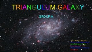 TRIANGULUM GALAXY
GROUP A
Judit Garrote Martínez
Cristina Dominguez Merino
Jana Rodriguez Tellez
Jihan Maaroufi
Eudald Cardozo Vallhonrat
Alex Piqué
 