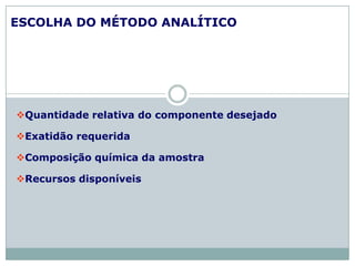 ESCOLHA DO MÉTODO ANALÍTICO
Quantidade relativa do componente desejado
Exatidão requerida
Composição química da amostra
Recursos disponíveis
 