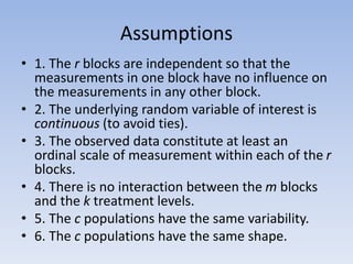 Assumptions
• 1. The r blocks are independent so that the
measurements in one block have no influence on
the measurements in any other block.
• 2. The underlying random variable of interest is
continuous (to avoid ties).
• 3. The observed data constitute at least an
ordinal scale of measurement within each of the r
blocks.
• 4. There is no interaction between the m blocks
and the k treatment levels.
• 5. The c populations have the same variability.
• 6. The c populations have the same shape.
 