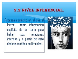 2.2 NIVEL INFERENCIAL.
Proceso cognitivo en el que el
lector toma información
explícita de un texto para
hallar sus relaciones
internas y a partir de esta
deduce sentidos no literales.
 
