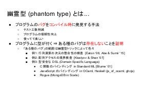 幽霊型 (phantom type) とは...
● プログラムのバグをコンパイル時に発見する手法
○ テスト工数削減
○ プログラムの信頼性向上
○ 使ってて楽しい
● プログラムに型が付く ⇒ ある種のバグは存在しないことを証明
○ 「ある種のバグ」の範囲は幽霊型トリックによって色々
■ 例１：行列演算の次元の整合性の検査 [Eaton ‘06, Abe & Sumii ‘15]
■ 例２：配列アクセスの境界検査 [Kiselyov & Shan ‘07]
■ 例３：型安全な DSL (Domain Specific Language)
● C 関数のバインディング in Standard ML [Blume ‘01]
● JavaScript のバインディング in OCaml, Haskell (js_of_ocaml, ghcjs)
● Rogue (MongoDB in Scala)
 