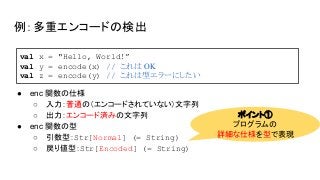 例：多重エンコードの検出
● enc 関数の仕様
○ 入力：普通の（エンコードされていない）文字列
○ 出力：エンコード済みの文字列
● enc 関数の型
○ 引数型：Str[Normal] (= String)
○ 戻り値型：Str[Encoded] (= String)
val x = "Hello, World!”
val y = encode(x) // これは OK
val z = encode(y) // これは型エラーにしたい
ポイント①
プログラムの
詳細な仕様を型で表現
 