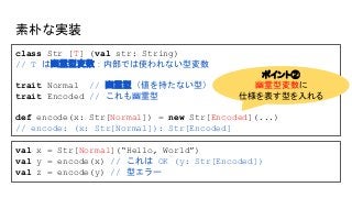 素朴な実装
class Str [T] (val str: String)
// T は幽霊型変数：内部では使われない型変数
trait Normal // 幽霊型（値を持たない型）
trait Encoded // これも幽霊型
def encode(x: Str[Normal]) = new Str[Encoded](...)
// encode: (x: Str[Normal]): Str[Encoded]
val x = Str[Normal](“Hello, World”)
val y = encode(x) // これは OK (y: Str[Encoded])
val z = encode(y) // 型エラー
ポイント②
幽霊型変数に
仕様を表す型を入れる
 