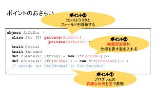 ポイントのおさらい
object SafeStr {
class Str [T] private[SafeStr]
(private[SafeStr] val str: String)
trait Normal
trait Encoded
def create(x: String) = new Str[Normal](x)
def encode(x: Str[Normal]) = new Str[Encoded](...)
// encode (x: Str[Normal]): Str[Encoded]
}
ポイント③
コンストラクタと
フィールドを隠蔽する
ポイント②
幽霊型変数に
仕様を表す型を入れる
ポイント①
プログラムの
詳細な仕様を型で表現
 