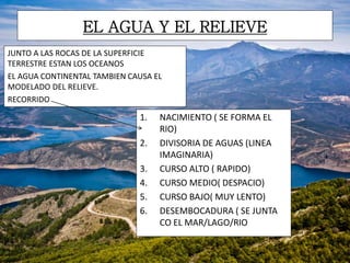EL AGUA Y EL RELIEVE
JUNTO A LAS ROCAS DE LA SUPERFICIE
TERRESTRE ESTAN LOS OCEANOS
EL AGUA CONTINENTAL TAMBIEN CAUSA EL
MODELADO DEL RELIEVE.
RECORRIDO
1. NACIMIENTO ( SE FORMA EL
RIO)
2. DIVISORIA DE AGUAS (LINEA
IMAGINARIA)
3. CURSO ALTO ( RAPIDO)
4. CURSO MEDIO( DESPACIO)
5. CURSO BAJO( MUY LENTO)
6. DESEMBOCADURA ( SE JUNTA
CO EL MAR/LAGO/RIO
 