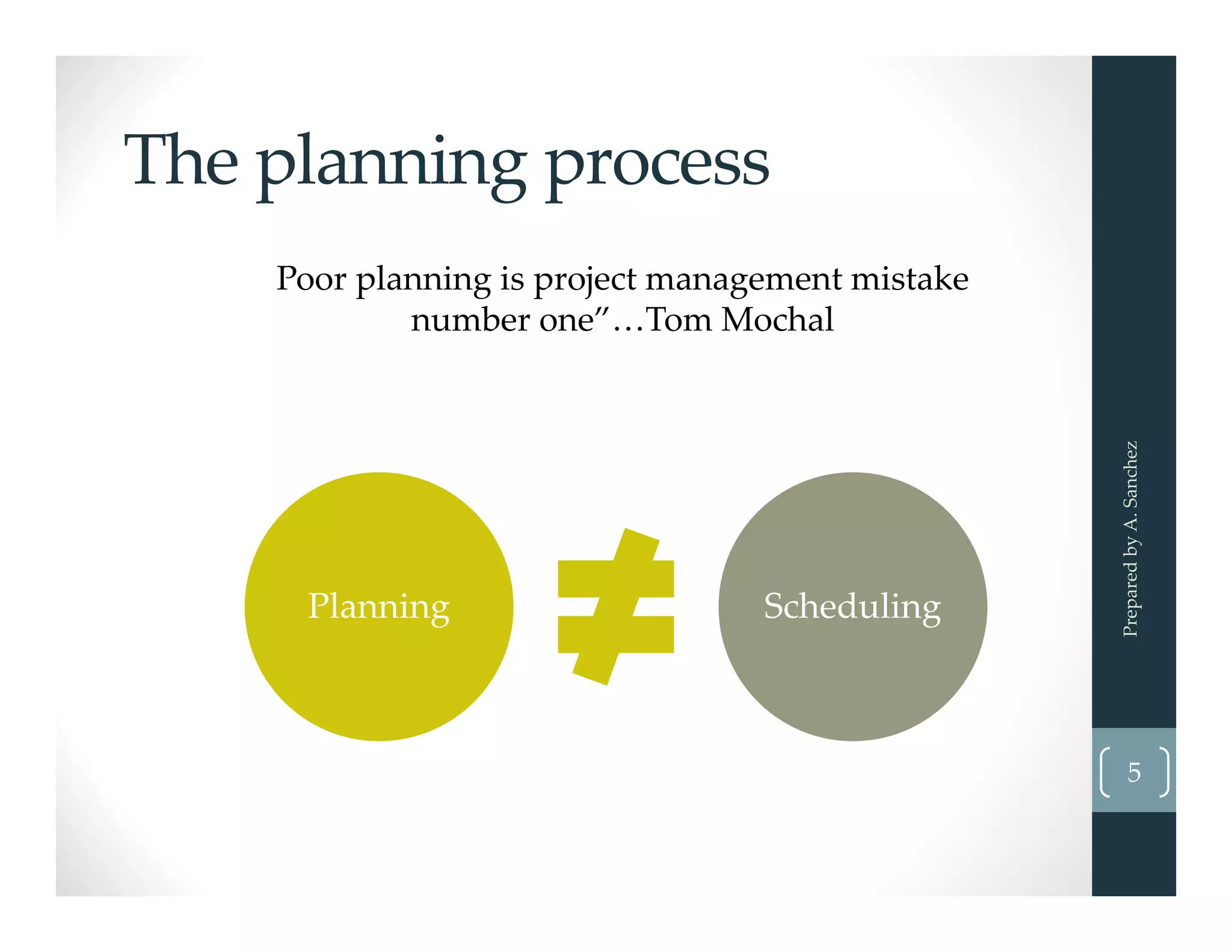 The planning process
Poor planning is project management mistake 
number one”…Tom Mochal
5
Planning Scheduling
Prepared by A. Sanchez
 