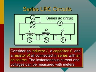 Series LRC CircuitsSeries LRC Circuits
L
VR VC
CR
a.c.
VL
VT
A
Series ac circuit
Consider anConsider an inductorinductor LL,, aa capacitorcapacitor CC,, andand
aa resistorresistor RR all connected inall connected in seriesseries withwith anan
ac sourceac source. The instantaneous current and. The instantaneous current and
voltages can be measured with meters.voltages can be measured with meters.
Consider anConsider an inductorinductor LL,, aa capacitorcapacitor CC,, andand
aa resistorresistor RR all connected inall connected in seriesseries withwith anan
ac sourceac source. The instantaneous current and. The instantaneous current and
voltages can be measured with meters.voltages can be measured with meters.
 