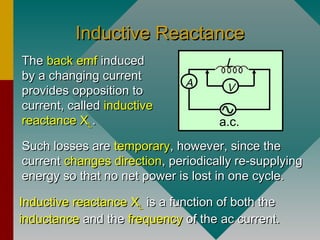Inductive ReactanceInductive Reactance
A
L
V
a.c.
TheThe backback emfemf inducedinduced
by a changing currentby a changing current
provides opposition toprovides opposition to
current, calledcurrent, called inductiveinductive
reactance Xreactance XLL..
Such losses areSuch losses are temporarytemporary, however, since the, however, since the
currentcurrent changes directionchanges direction, periodically re-supplying, periodically re-supplying
energy so that no net power is lost in one cycle.energy so that no net power is lost in one cycle.
Inductive reactanceInductive reactance XXLL is a function of both theis a function of both the
inductanceinductance and theand the frequencyfrequency of the ac current.of the ac current.
 