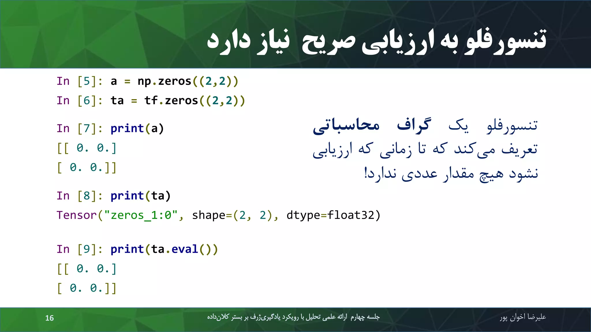 ‫صریح‬ ‫ارزیابی‬ ‫به‬ ‫تنسورفلو‬‫نیاز‬‫دارد‬
‫علیرضا‬‫اخوان‬‫پور‬‫داده‬‫کالن‬ ‫بستر‬ ‫بر‬ ‫ژرف‬‫یادگیری‬ ‫رویکرد‬ ‫با‬ ‫تحلیل‬ ‫علمی‬ ‫ارائه‬ ‫چهارم‬ ‫جلسه‬16
In [5]: a = np.zeros((2,2))
In [6]: ta = tf.zeros((2,2))
‫تنسورفلو‬‫یک‬‫گراف‬‫محدسبدتی‬
‫تعریف‬‫‌کند‬‫ی‬‫م‬‫که‬‫تا‬‫زمانی‬‫که‬‫ارزی‬‫ابی‬
‫نشود‬‫هیچ‬‫مقدار‬‫عددی‬‫ندارد‬!
In [7]: print(a)
[[ 0. 0.]
[ 0. 0.]]
In [8]: print(ta)
Tensor("zeros_1:0", shape=(2, 2), dtype=float32)
In [9]: print(ta.eval())
[[ 0. 0.]
[ 0. 0.]]
 