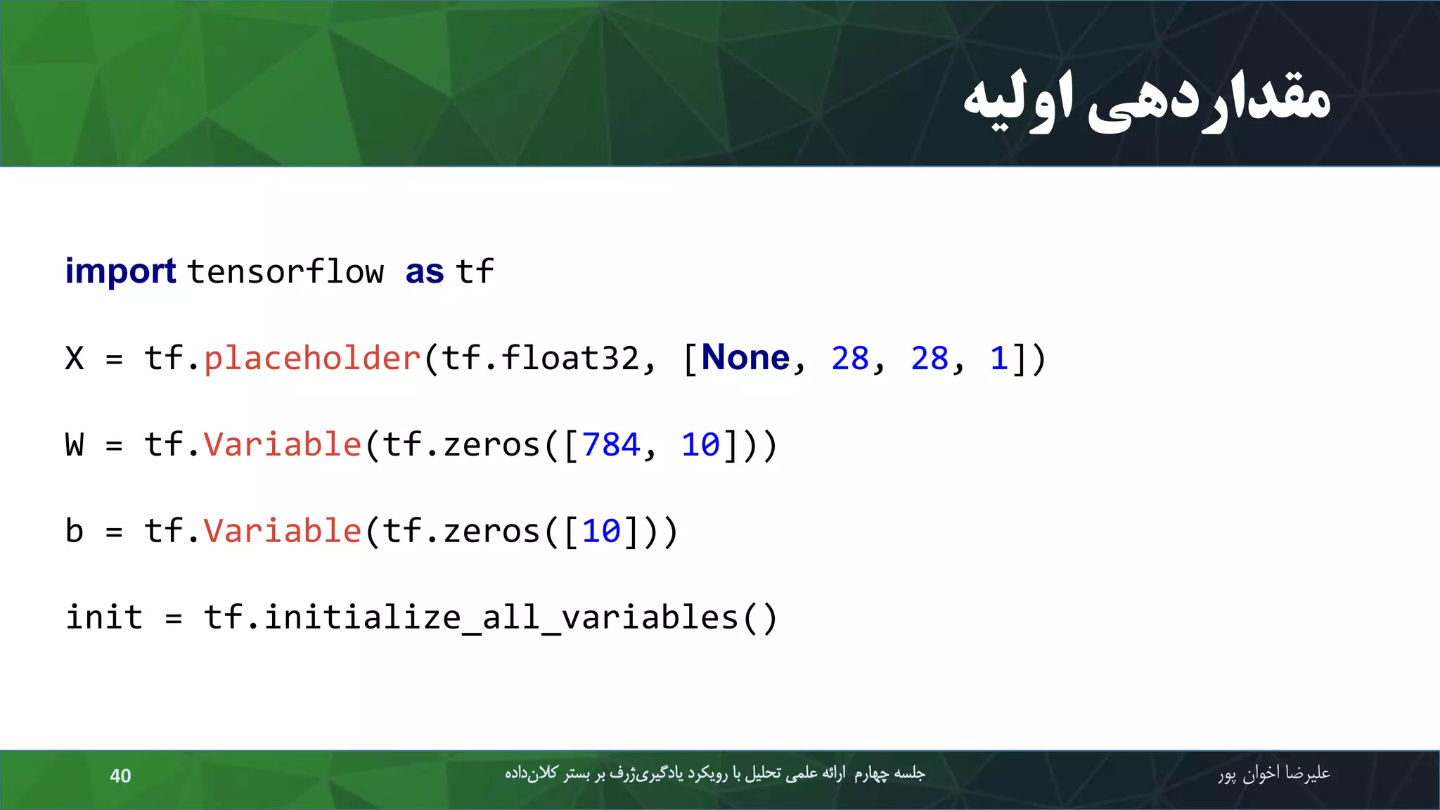 ‫اولیه‬ ‫مقداردهی‬
‫علیرضا‬‫اخوان‬‫پور‬‫داده‬‫کالن‬ ‫بستر‬ ‫بر‬ ‫ژرف‬‫یادگیری‬ ‫رویکرد‬ ‫با‬ ‫تحلیل‬ ‫علمی‬ ‫ارائه‬ ‫چهارم‬ ‫جلسه‬40
import tensorflow as tf
X = tf.placeholder(tf.float32, [None, 28, 28, 1])
W = tf.Variable(tf.zeros([784, 10]))
b = tf.Variable(tf.zeros([10]))
init = tf.initialize_all_variables()
 