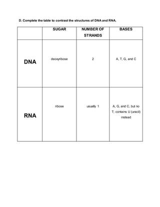D. Complete the table to contrast the structures of DNA and RNA.
SUGAR NUMBER OF
STRANDS
BASES
DNA
deoxyribose 2 A, T, G, and C
RNA
ribose usually 1 A, G, and C, but no
T; contains U (uracil)
instead
 