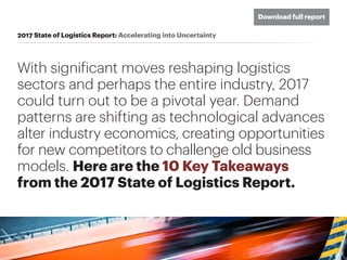 Download full report
With significant moves reshaping logistics
sectors and perhaps the entire industry, 2017
could turn out to be a pivotal year. Demand
patterns are shifting as technological advances
alter industry economics, creating opportunities
for new competitors to challenge old business
models. Here are the 10 Key Takeaways
from the 2017 State of Logistics Report.
2017 State of Logistics Report: Accelerating into Uncertainty
 