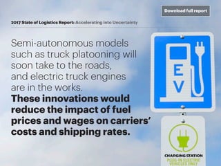 2017 State of Logistics Report: Accelerating into Uncertainty
Semi-autonomous models
such as truck platooning will
soon ta...