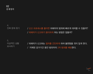 문제정의
02
4.
진짜 문제 찾기
/ 피해자가 신고하는 절차를 간단하게 하여 불편함을 겪지 않게 한다.
/ 지체된 검거기간 동안 범죄자의 2차 범죄를 예방한다.
5.
이상적인 상황
묘사하기
/ 신고 프로세스를 줄이면 피해자의 범죄에 빠르게 대처할 수 있을까?
/ 피해자가 신고하기 용이하게 하는 방법은 없을까?
 